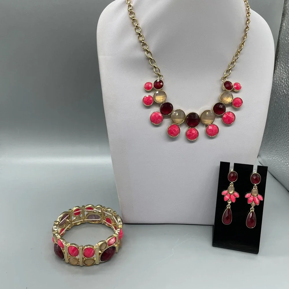 Pappagallo Gold Tone Pink Raspberry Cabochon Necklace Earrings Bracelet Set 80's - Picture 4 of 11